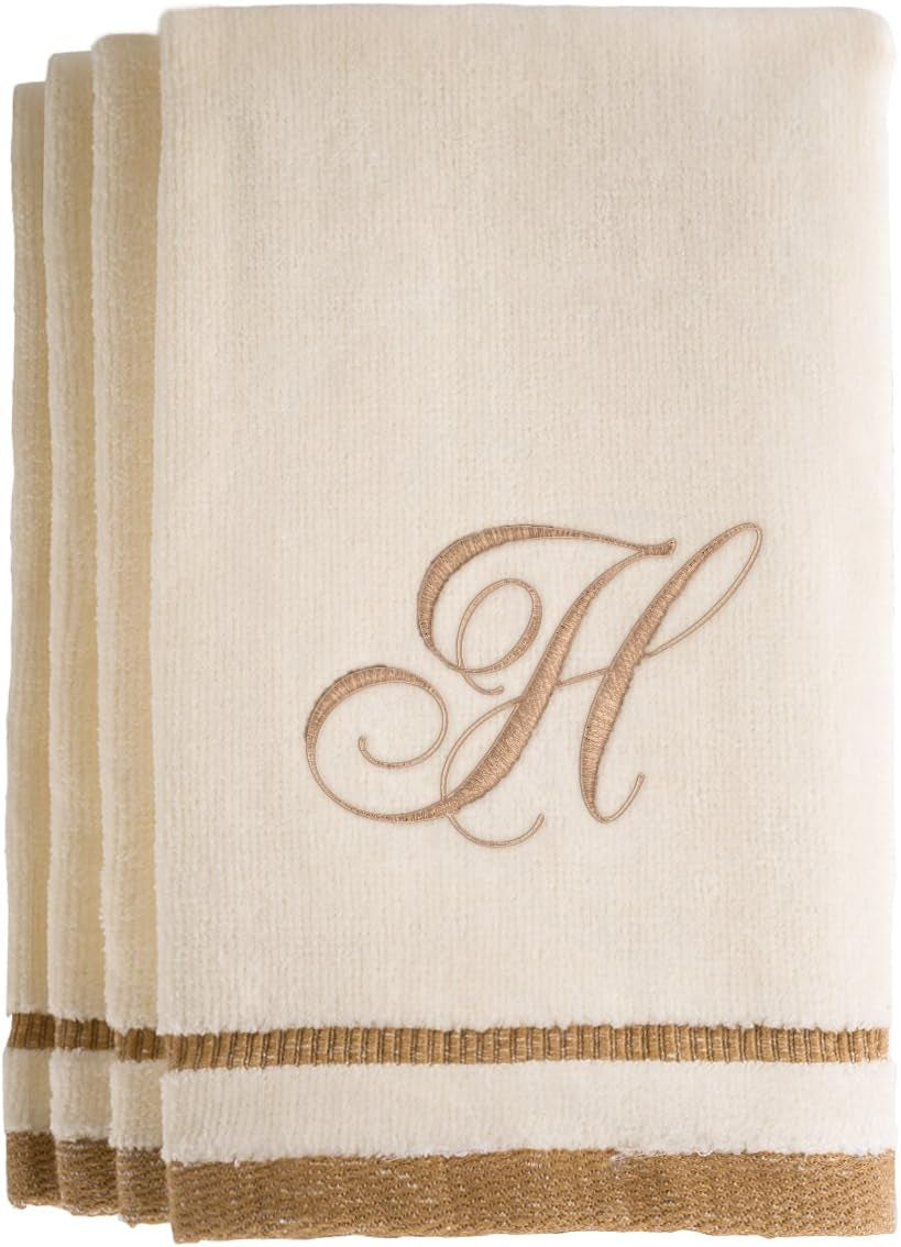 Monogrammed Gifts, Fingertip Towels, 11 X 18 Inches - Set of 4- Decorative Golden Brown Embroidered Towel - Extra Absorbent 100% Cotton- Personalized Gift- for Bathroom/ Kitchen- Initial H (Ivory)