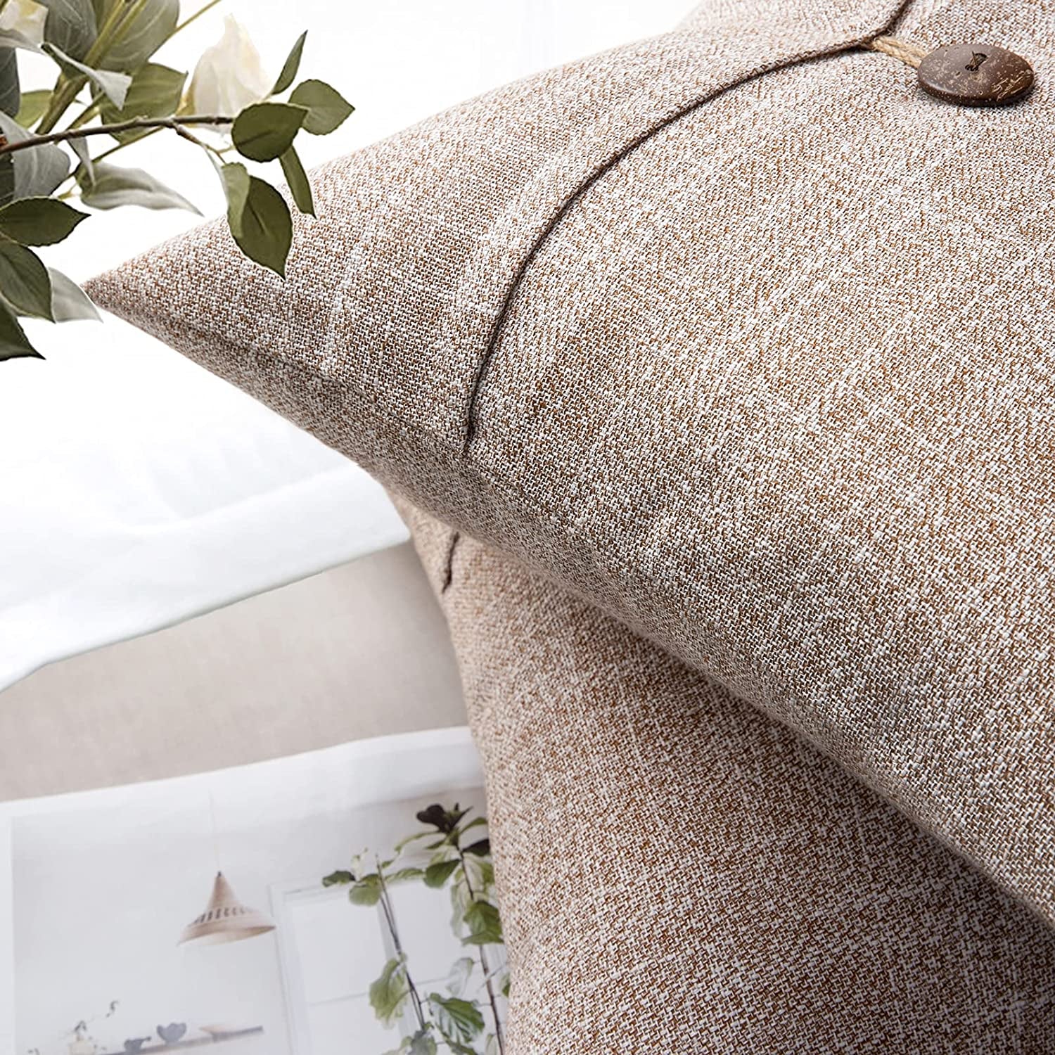 Pack of 2 Farmhouse Throw Pillow Covers Button Vintage Linen Decorative Pillow Cases for Couch Bed and Chair Beige 18 X 18 Inches 45 X 45 Cm
