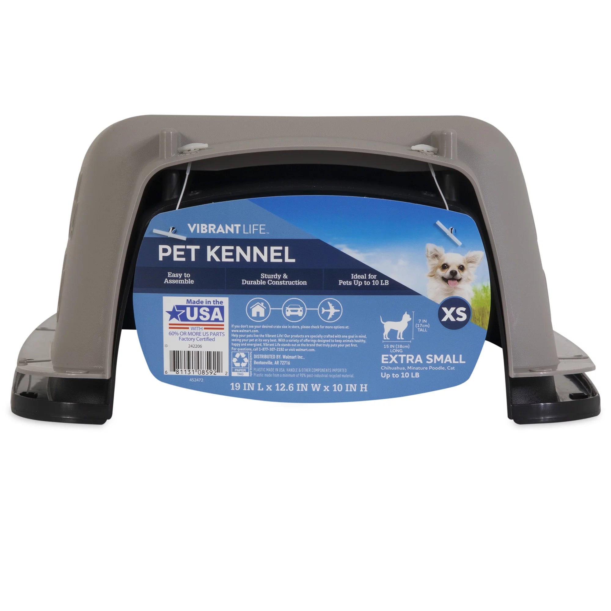 Pet Portable Kennel for Dogs, Hard-Sided Travel Carrier, Durable, Metal Door, Black & Grey, for Pets up to 10 Lbs, 19" L X 12.3" W X 10.8" H