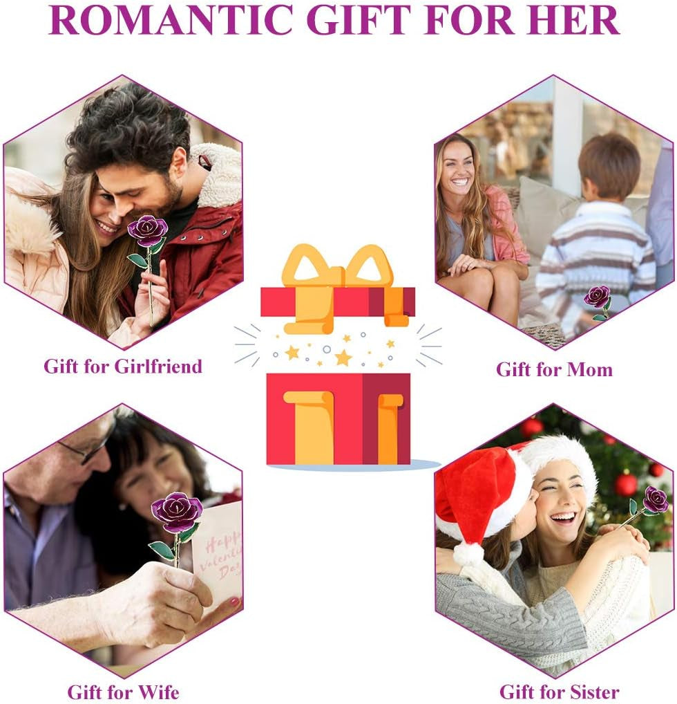 24K Purple Rose for Her, Dipped Gold Rose Love Real Golden Plated Preserved Eternal Flower with Rose Stand Present for Wife/Girlfriend/Lady (Purple)