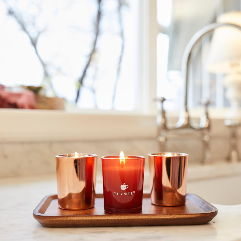 Aromatic Votive Trio – Set of Three Votive Candles – Luxury Home Fragrance – Scented Candles with Notes of Freshly Pressed Apple, Clove, & Cardamom – Red & Rose Gold (Simmered Cider, 2 Oz Each)