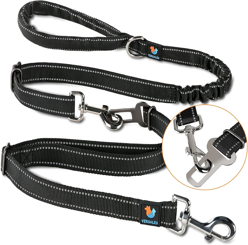 Dog Leash, 6 FT Dog Leash for Large Dogs Heavy Duty Dog Leashes for Medium and Small Dogs, Reflective Bungee Dog Leash for Dog Training, Nylon Dog Leash and Seatbelt Set(Black)
