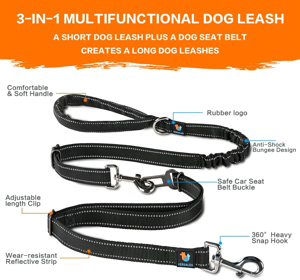 Dog Leash, 6 FT Dog Leash for Large Dogs Heavy Duty Dog Leashes for Medium and Small Dogs, Reflective Bungee Dog Leash for Dog Training, Nylon Dog Leash and Seatbelt Set(Black)