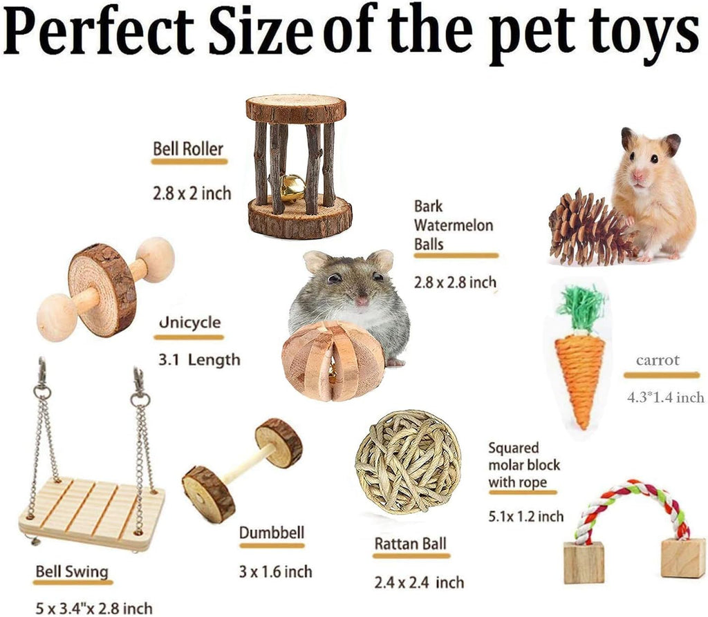 12PCS Hamster Chew Toys Guinea Pig Toys Natural Wooden Pine Rats Chinchillas Toys Accessories Dumbells Exercise Bell Roller Teeth Care Molar Toy for Birds Bunny Rabbits Gerbils