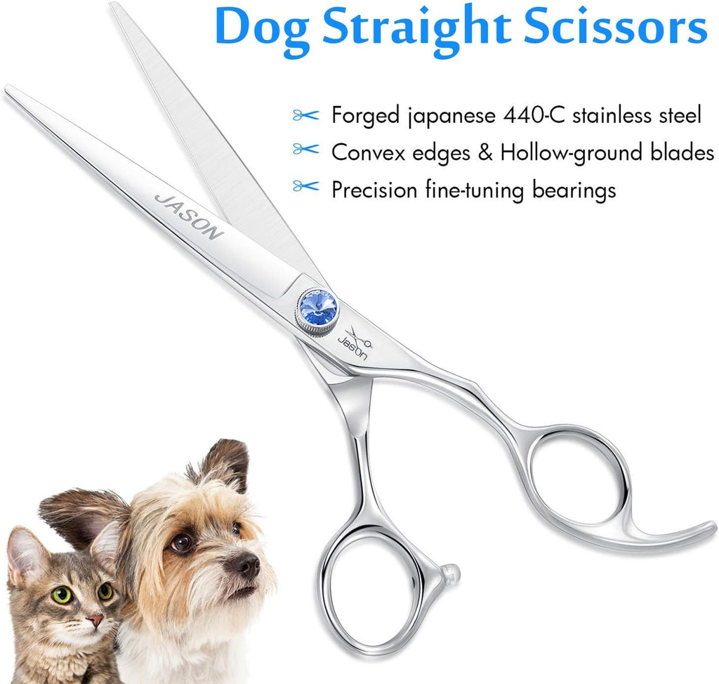 7" Straight Dog Grooming Scissors, Ergonomic Pets Grooming Shears, Premium Cats Trimming Kit with Offset Handle and Jewelled Screw, Sharp, Comfortable Christmas Gift