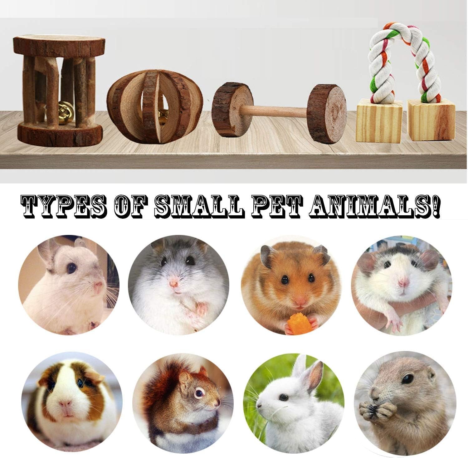 12PCS Hamster Chew Toys Guinea Pig Toys Natural Wooden Pine Rats Chinchillas Toys Accessories Dumbells Exercise Bell Roller Teeth Care Molar Toy for Birds Bunny Rabbits Gerbils