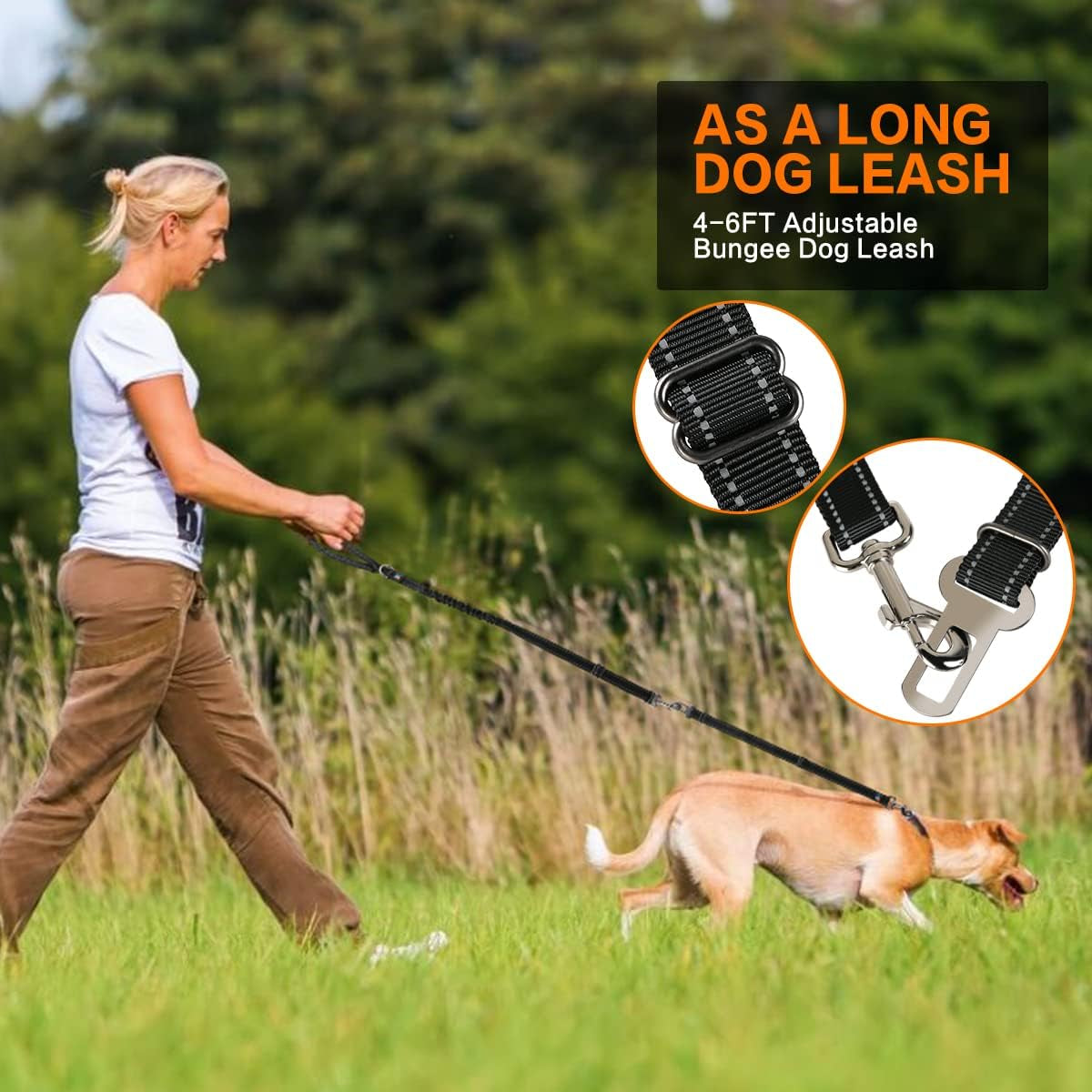 Dog Leash, 6 FT Dog Leash for Large Dogs Heavy Duty Dog Leashes for Medium and Small Dogs, Reflective Bungee Dog Leash for Dog Training, Nylon Dog Leash and Seatbelt Set(Black)