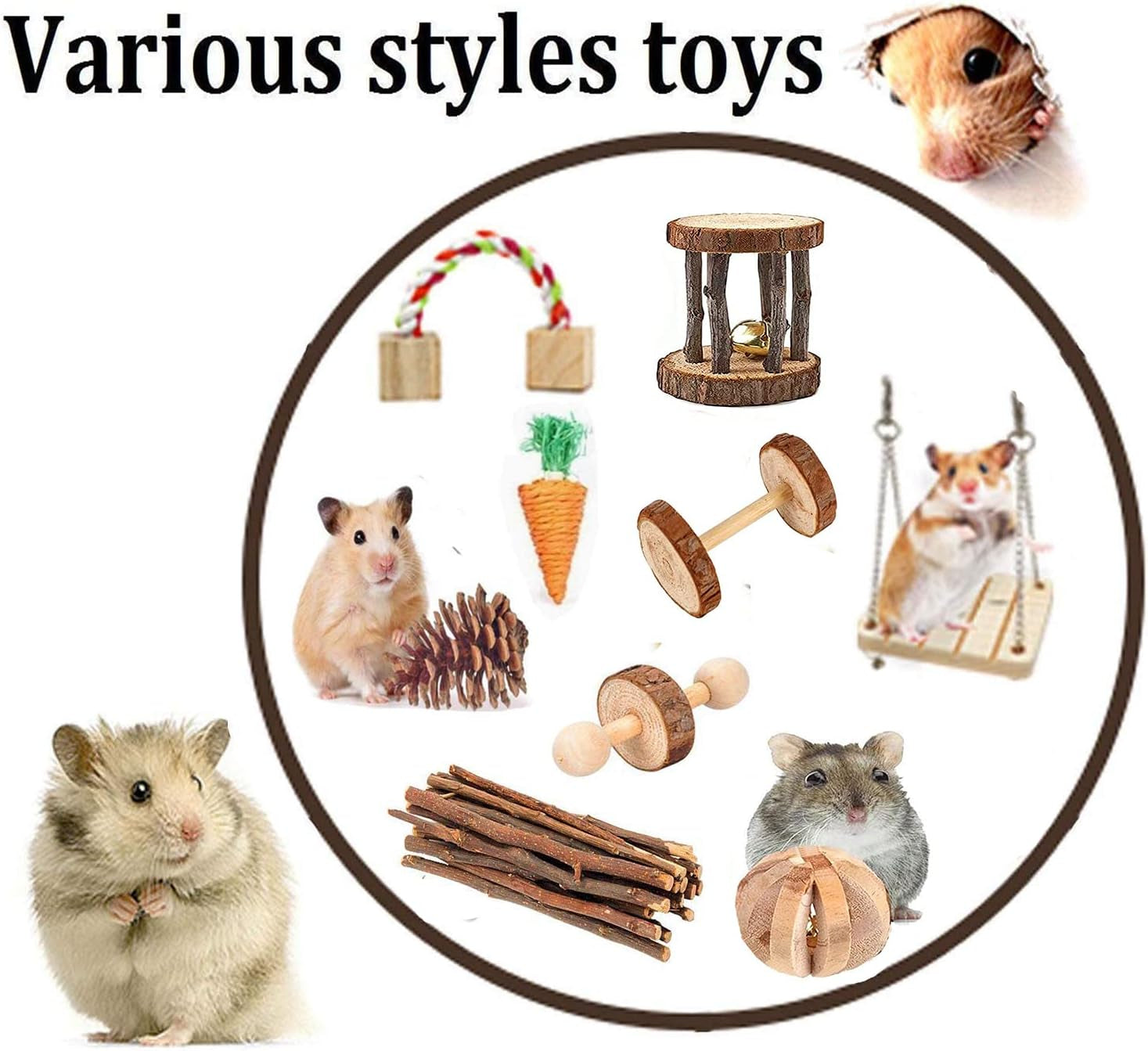 12PCS Hamster Chew Toys Guinea Pig Toys Natural Wooden Pine Rats Chinchillas Toys Accessories Dumbells Exercise Bell Roller Teeth Care Molar Toy for Birds Bunny Rabbits Gerbils