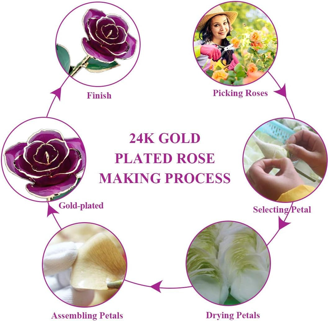 24K Purple Rose for Her, Dipped Gold Rose Love Real Golden Plated Preserved Eternal Flower with Rose Stand Present for Wife/Girlfriend/Lady (Purple)