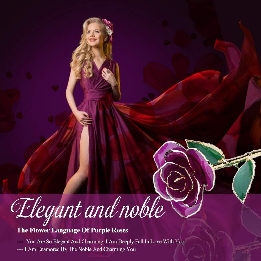 24K Purple Rose for Her, Dipped Gold Rose Love Real Golden Plated Preserved Eternal Flower with Rose Stand Present for Wife/Girlfriend/Lady (Purple)