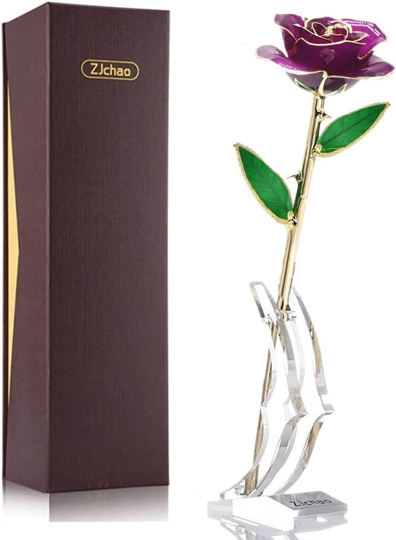 24K Purple Rose for Her, Dipped Gold Rose Love Real Golden Plated Preserved Eternal Flower with Rose Stand Present for Wife/Girlfriend/Lady (Purple)