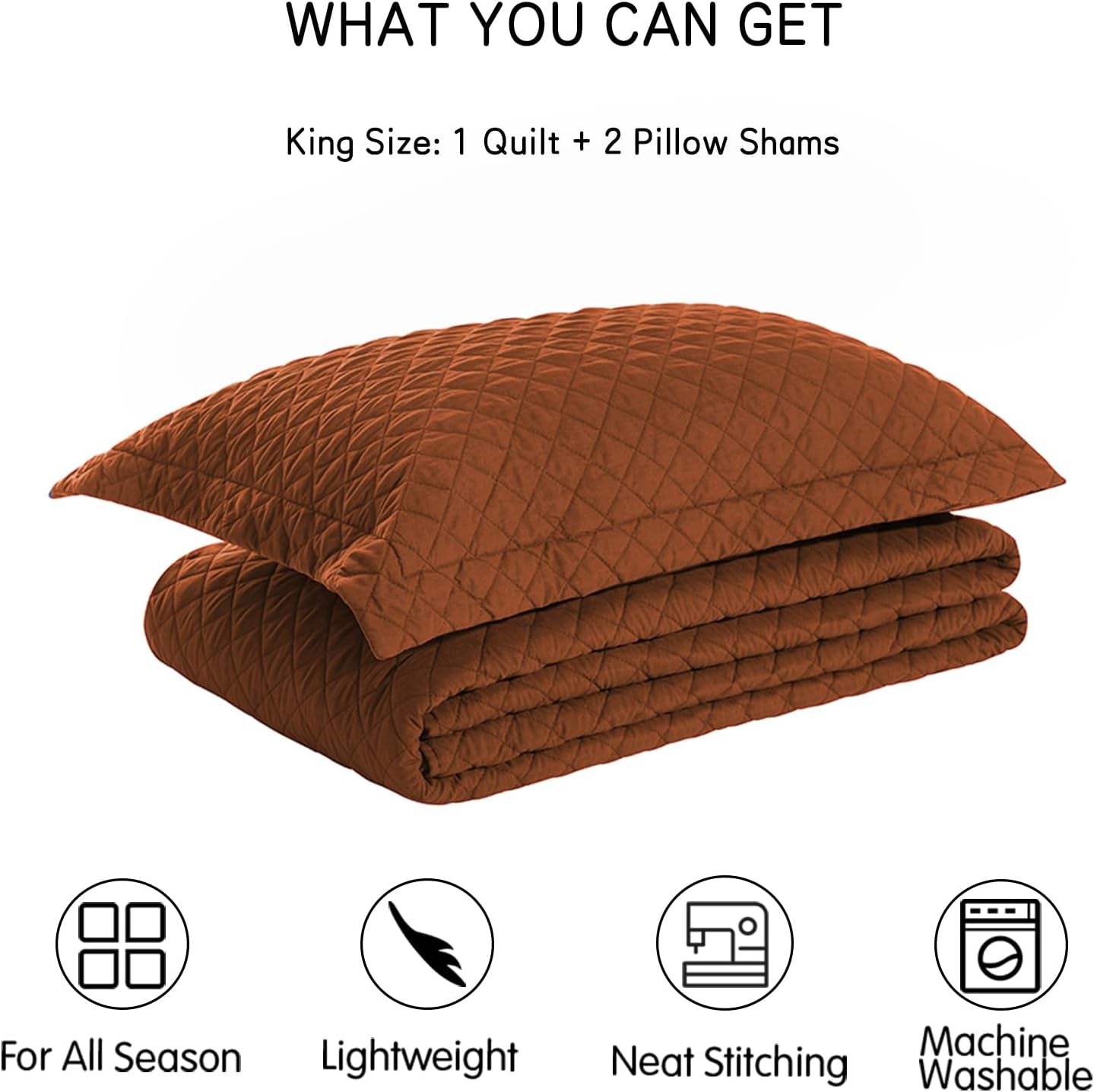 Quilt Set King Brunt Orange, Lightweight Comforter Bedspread Soft Reversible Coverlet King Size for All Season 3Pcs Rust Diamond Quilted Bedding Sets Bed Cover (1 Quilt 2 Pillow Shams)